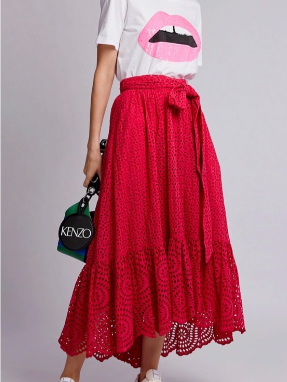 Ulla Johnson Lindley Hot Pink Eyelet Midi Skirt with Waist Tie
